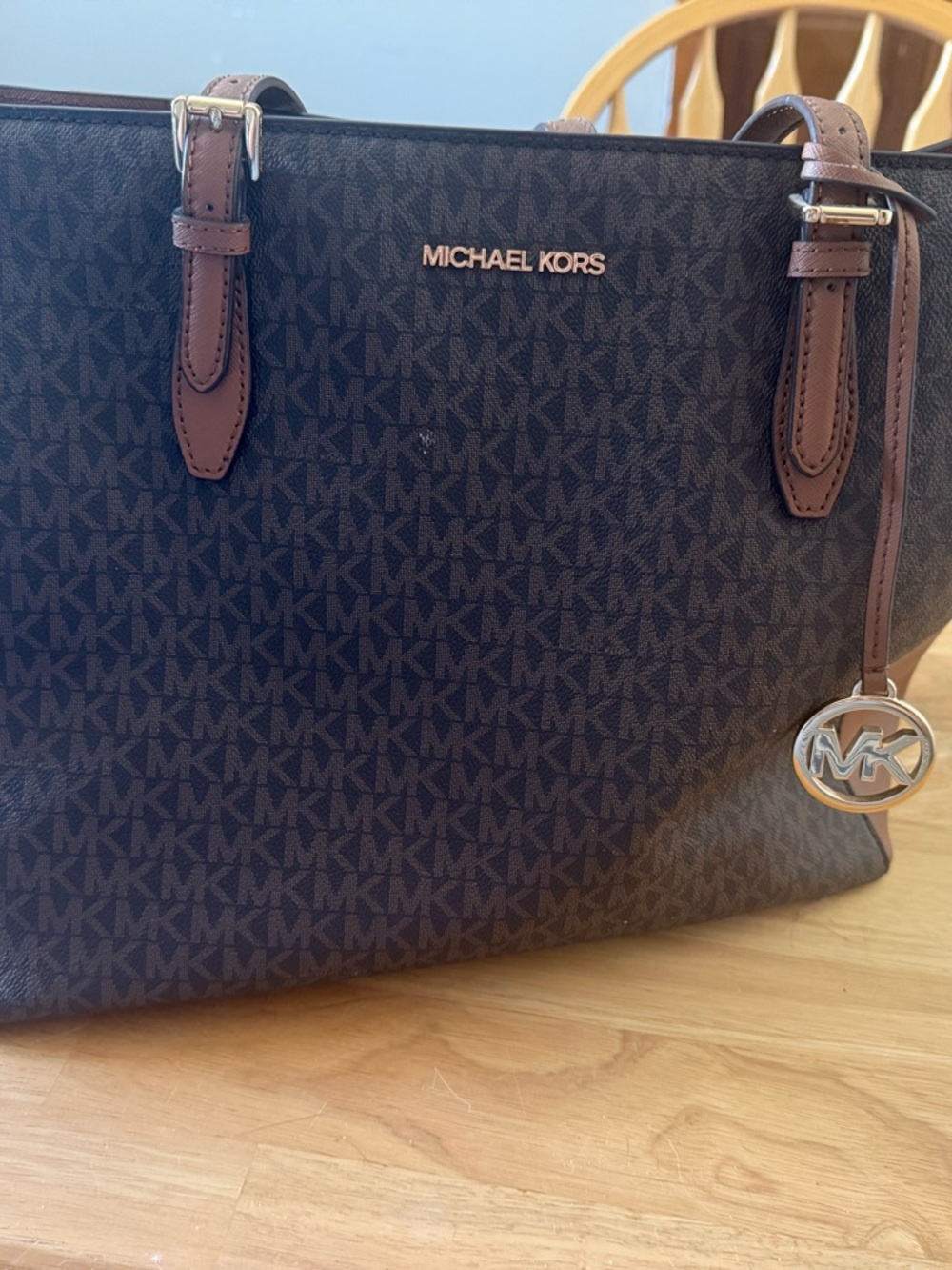 Michael Kors Dark Brown MK Signature Tote with Gold Accent